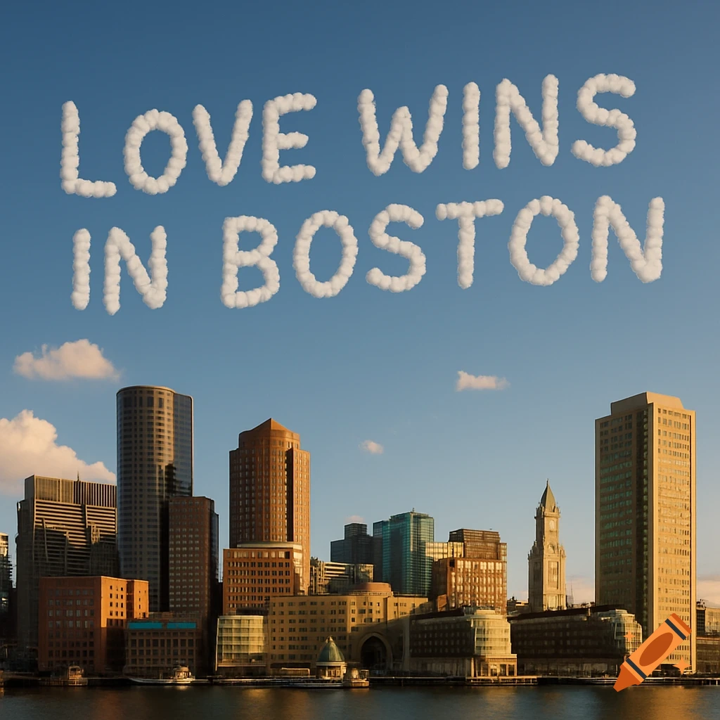 Cloud text saying "Love Wins in Boston" above the Boston skyline at sunset.