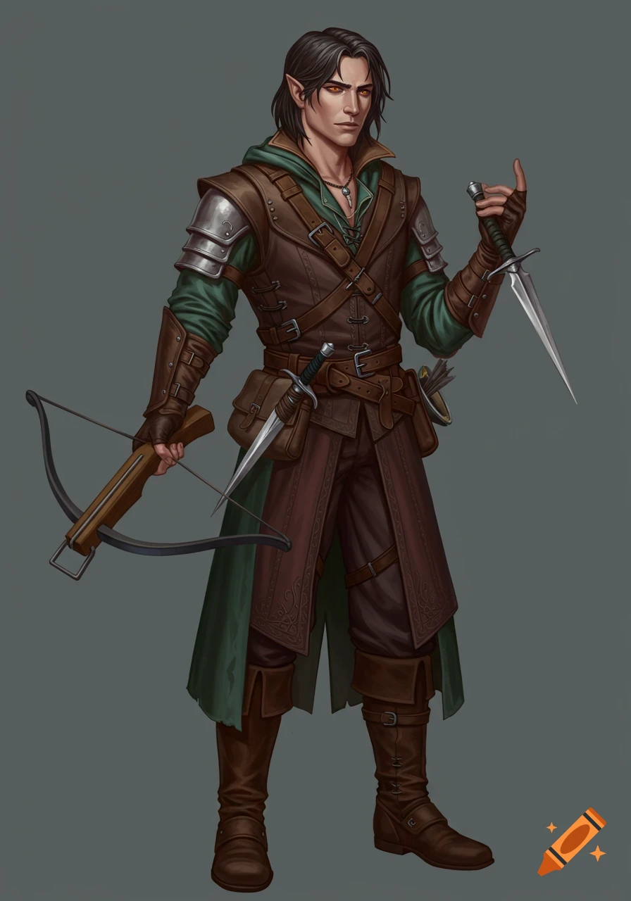 Male fantasy rogue in leather armor holding a dagger and crossbow, D&D character portrait