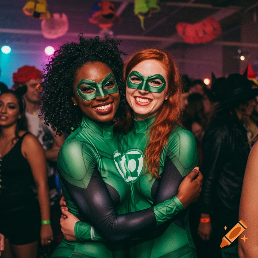 Two women in Green Lantern costumes hug at a Halloween party.