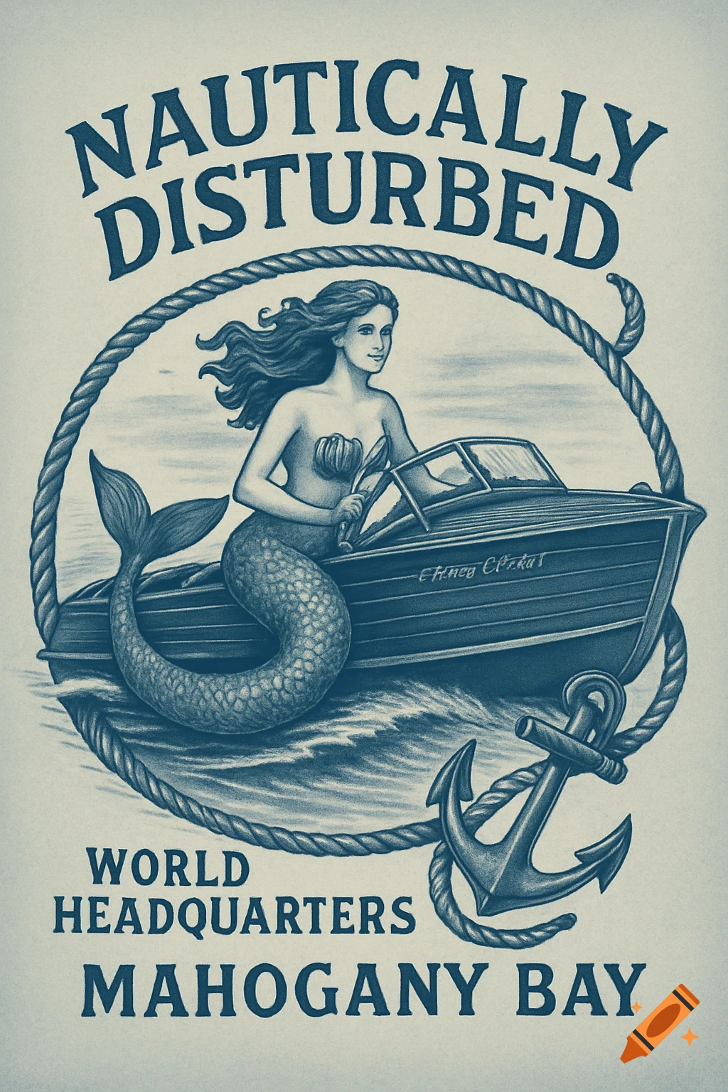 Vintage style illustration of a mermaid driving a classic boat, surrounded by a nautical rope and anchor. Text reads: Nautically Disturbed World Headquarters Mahogany Bay.