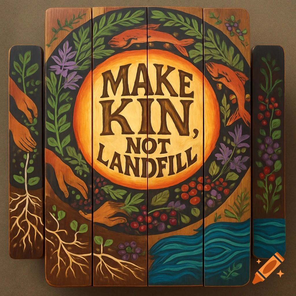 Painted mural on wood with text 'MAKE KIN, NOT LANDFILL', hands, plants, roots, fish, and water.