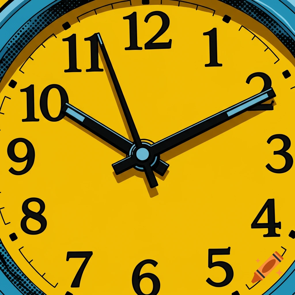 Close-up of a yellow clock face with black numbers and hands in a graphic style.