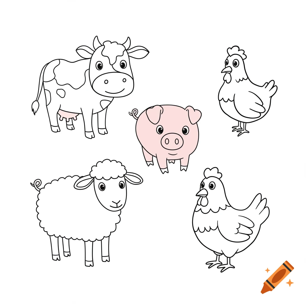 Cartoon line art of a cow, pig, sheep, and two chickens on a white background.