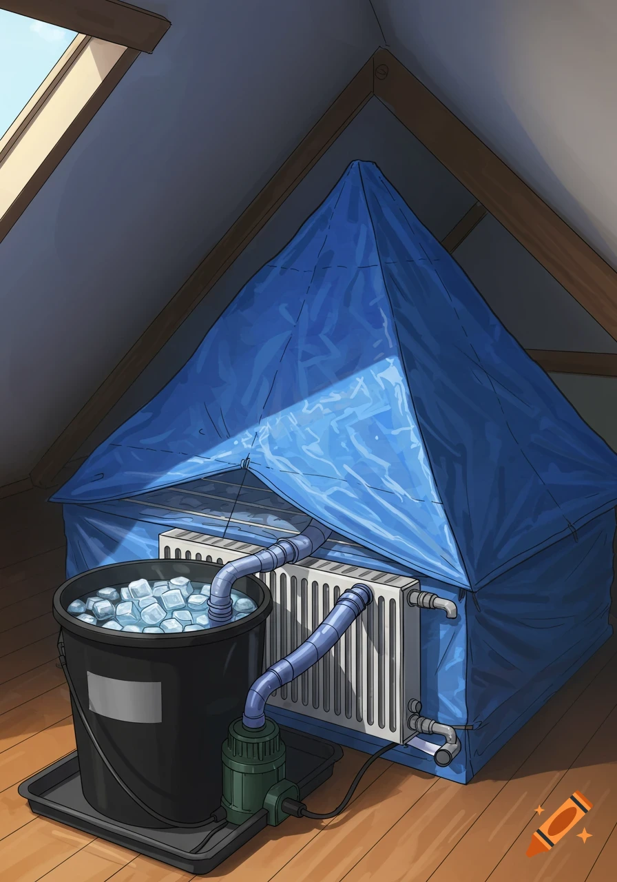 An illustration of a DIY cooling system in an attic with a bucket of ice, pump, radiator, and blue tarp.
