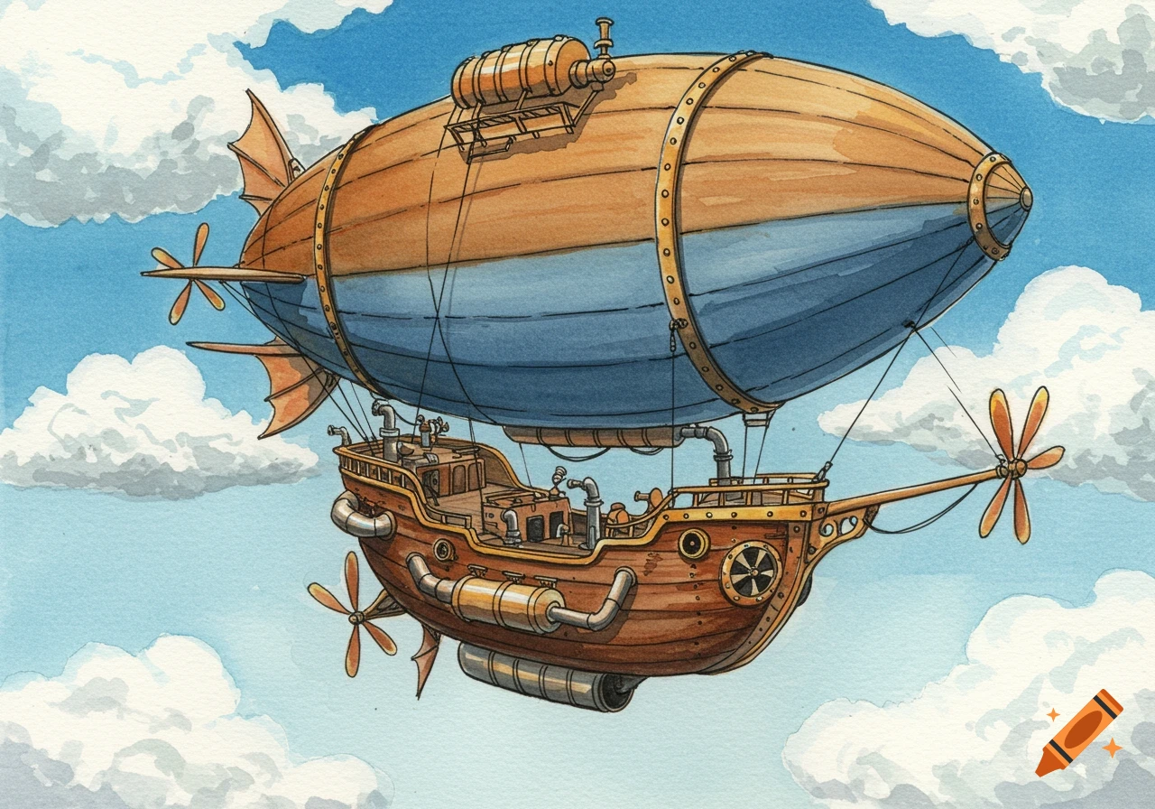 A watercolor painting of a steampunk airship flying in a blue sky with clouds.