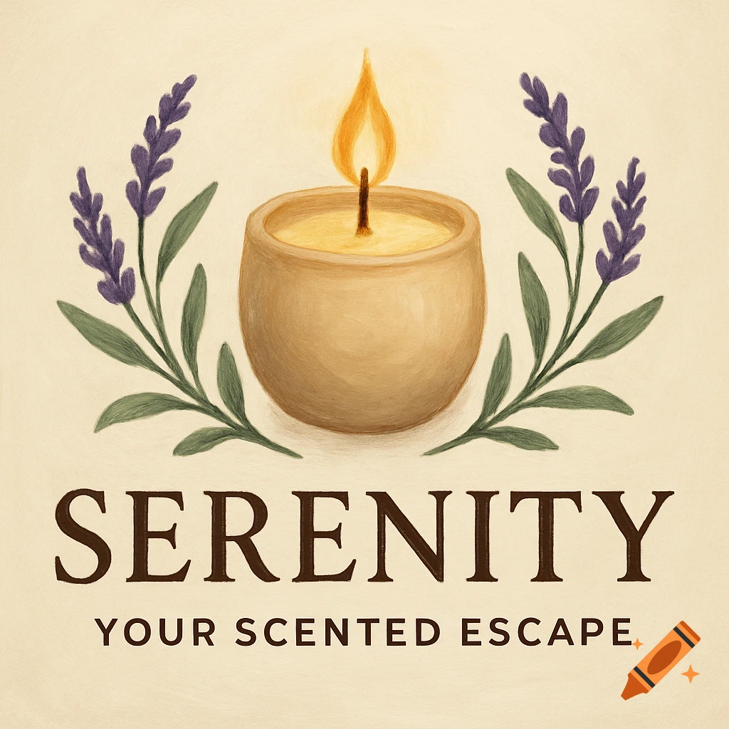 Illustration of a lit candle with lavender sprigs and the text 'SERENITY YOUR SCENTED ESCAPE'