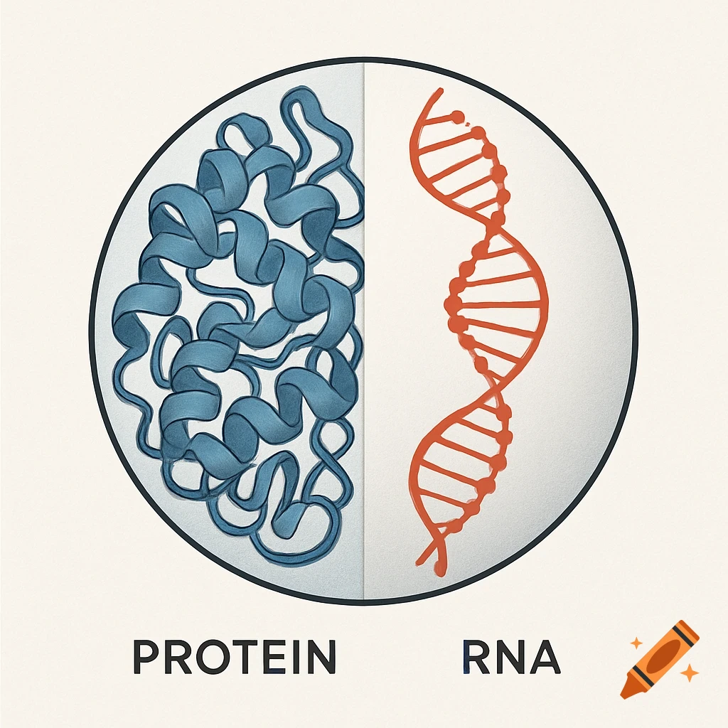 Illustration of a circle split in half, showing a blue protein structure labeled 'PROTEIN' on the left and an orange double helix labeled 'RNA' on the right.