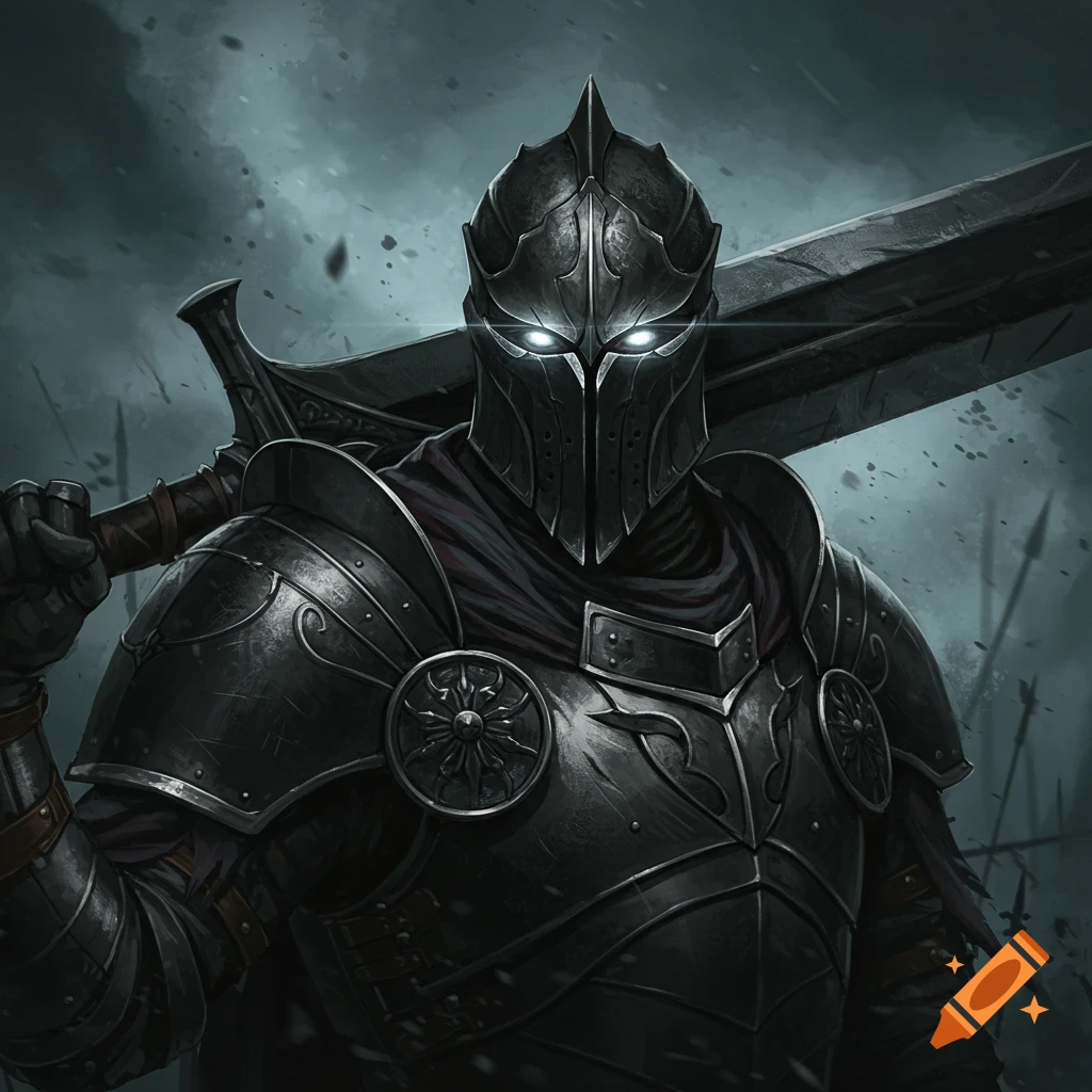 Dark knight in ornate armor with glowing eyes, holding a greatsword over shoulder, atmospheric fantasy style.