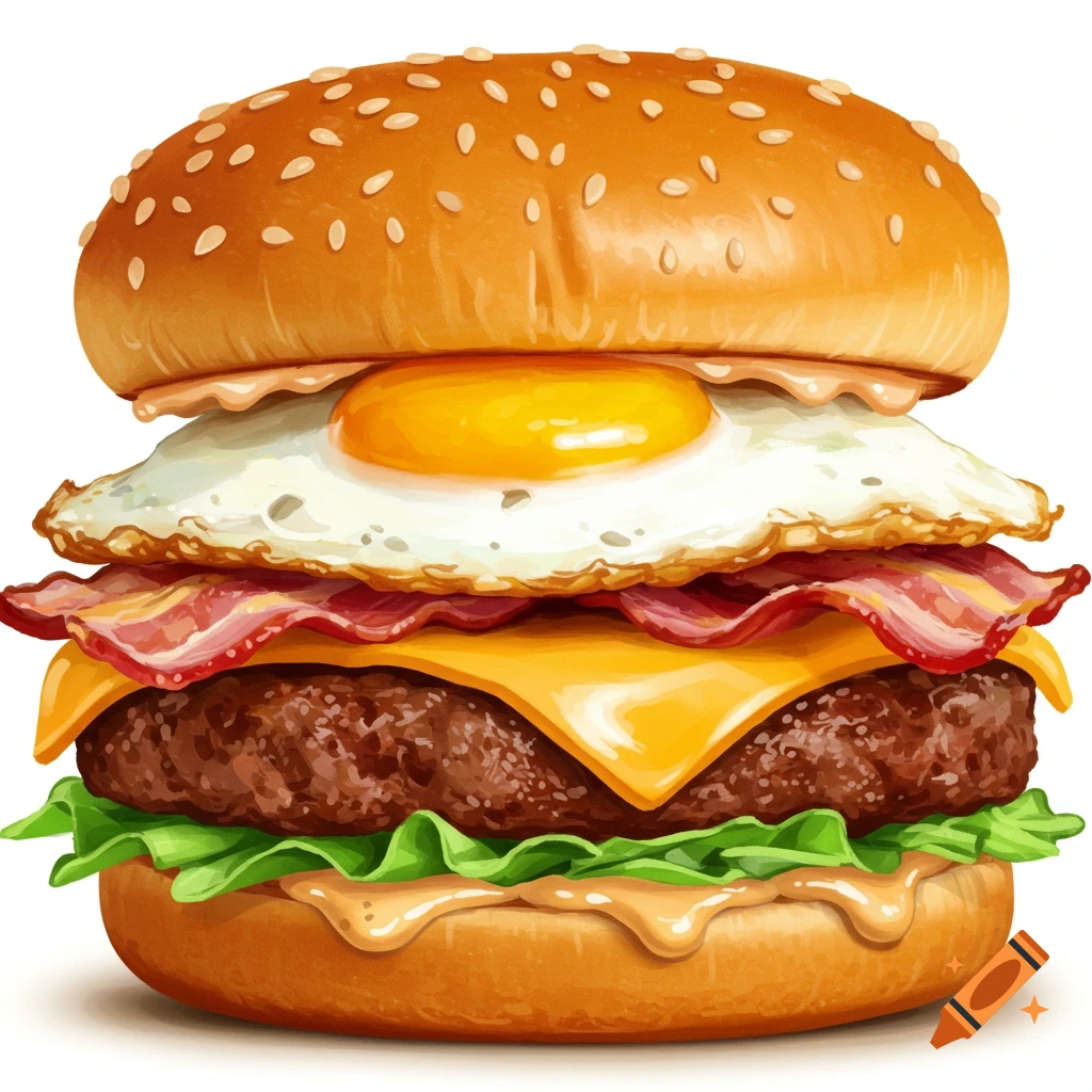 Detailed illustration of a burger with egg, bacon, cheese, and lettuce on a white background