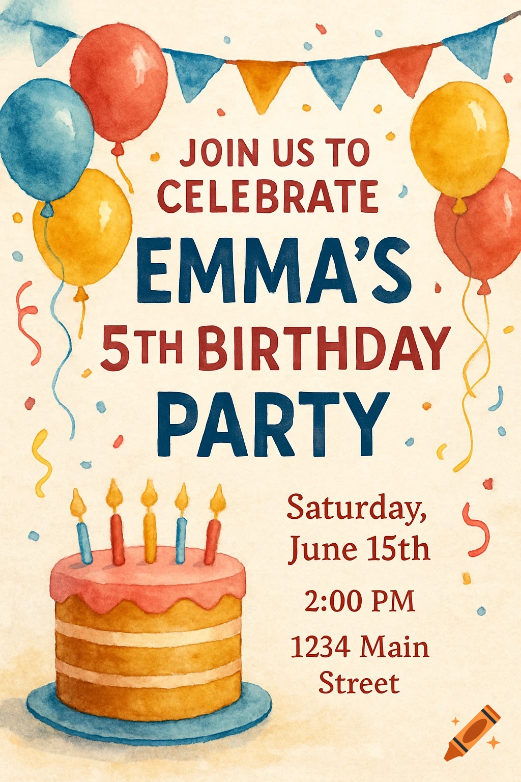 Watercolor illustration of a birthday invitation with balloons, cake, and text.