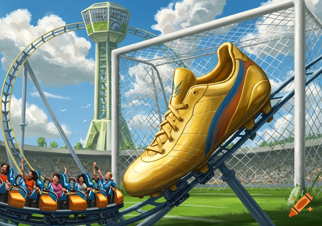 Digital painting of a giant golden soccer cleat on a roller coaster track in a stadium, with riders behind it.