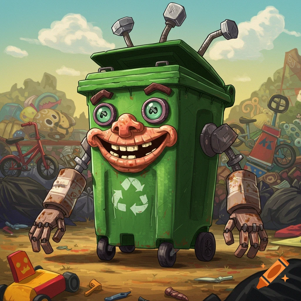 A cartoon monster made from a green trash can stands in a pile of junk.