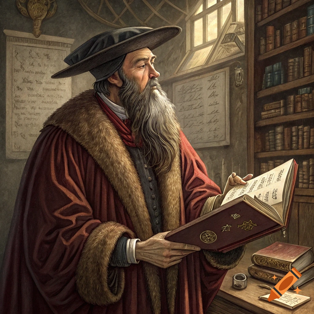 A portrait of an old man in a robe and hat reading a large book in a library.
