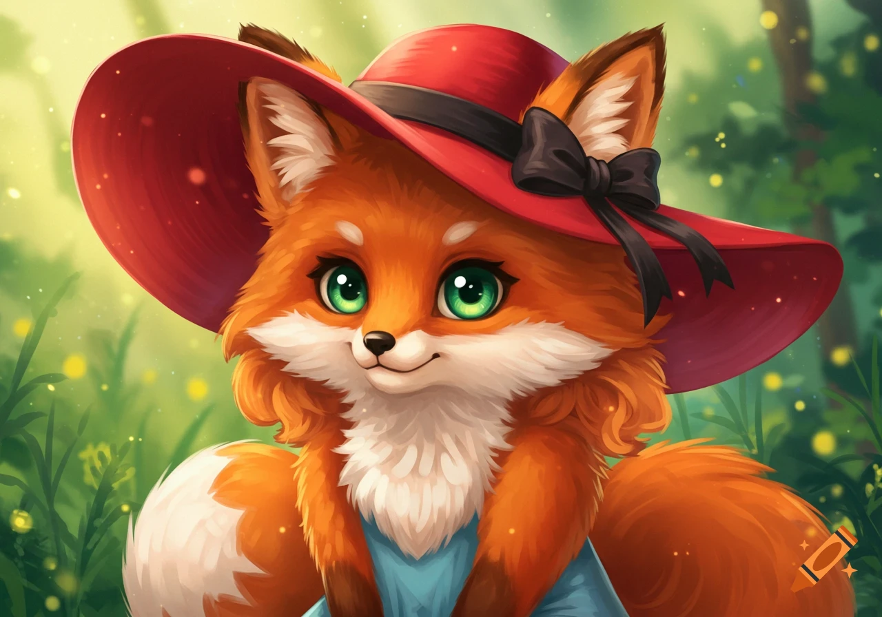A cute cartoon fox wearing a red hat and blue dress in a sunny field.