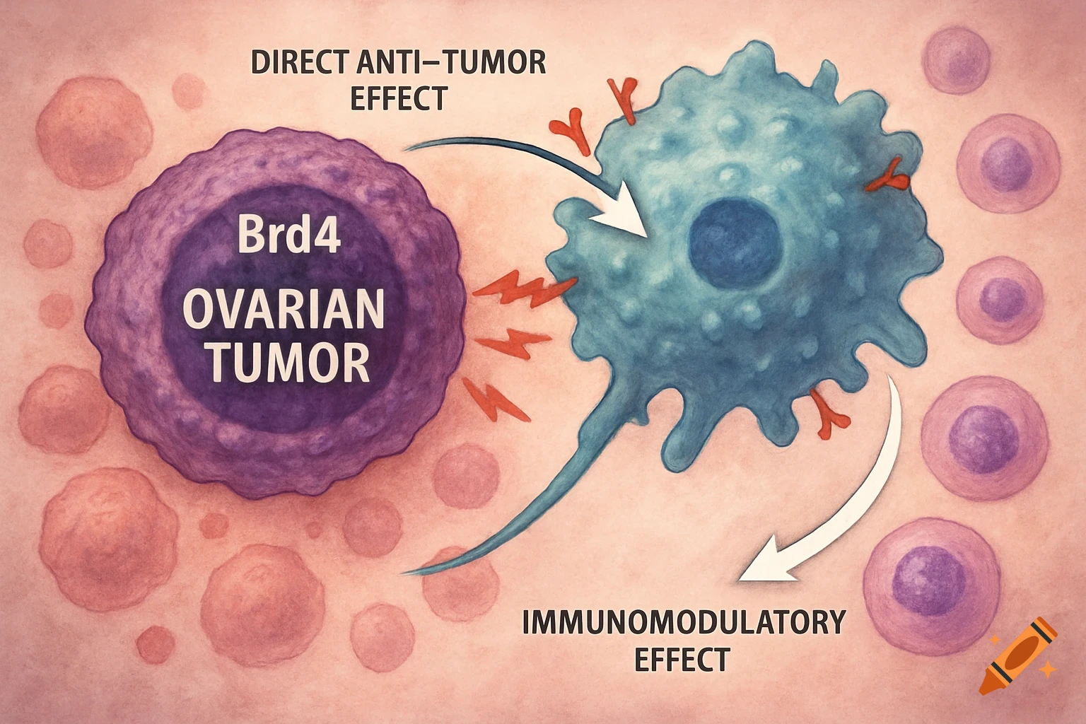 Illustration of a Brd4 ovarian tumor cell interacting with a macrophage, showing direct anti-tumor and immunomodulatory effects.