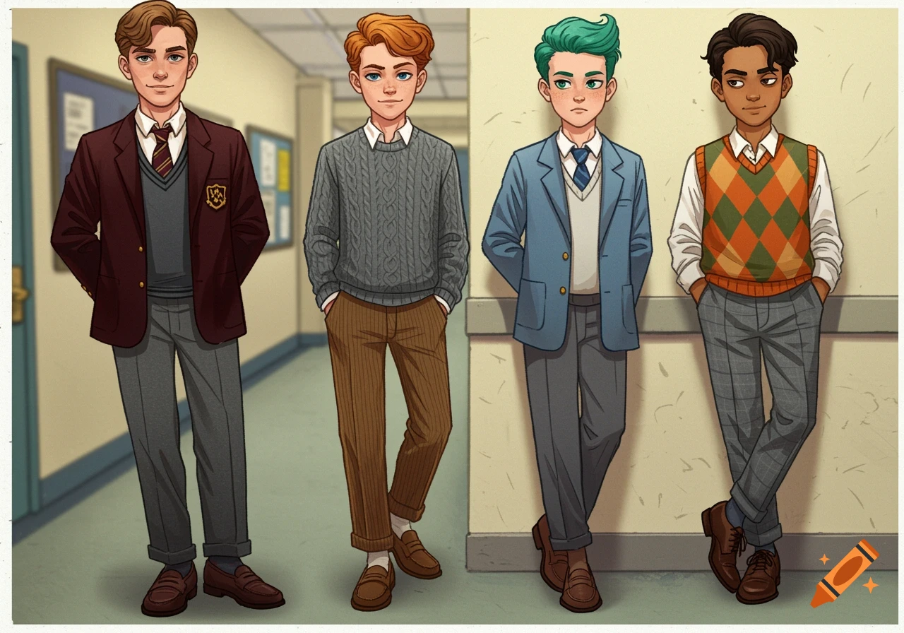 Four teenage boys stand in a school hallway in stylized anime art.