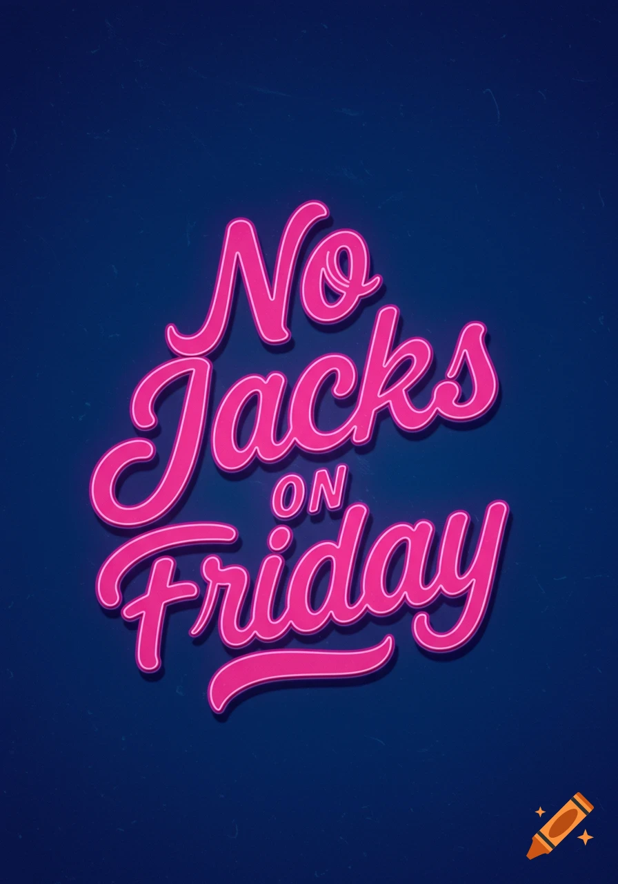 Pink neon text "No Jacks on Friday" on a dark blue background.
