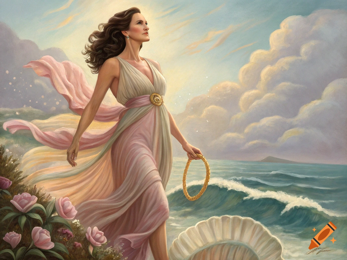Painting of a woman in a flowing dress standing by the sea with flowers, in the style of The Birth of Venus.