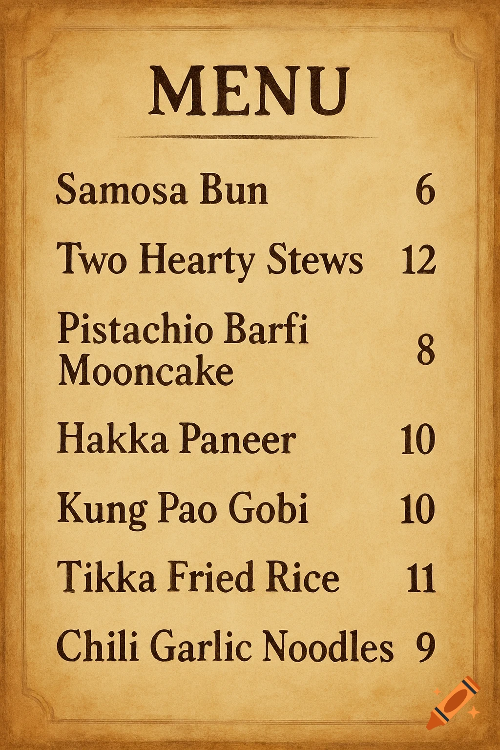 A vintage-style menu lists Indian and Chinese fusion dishes with prices.