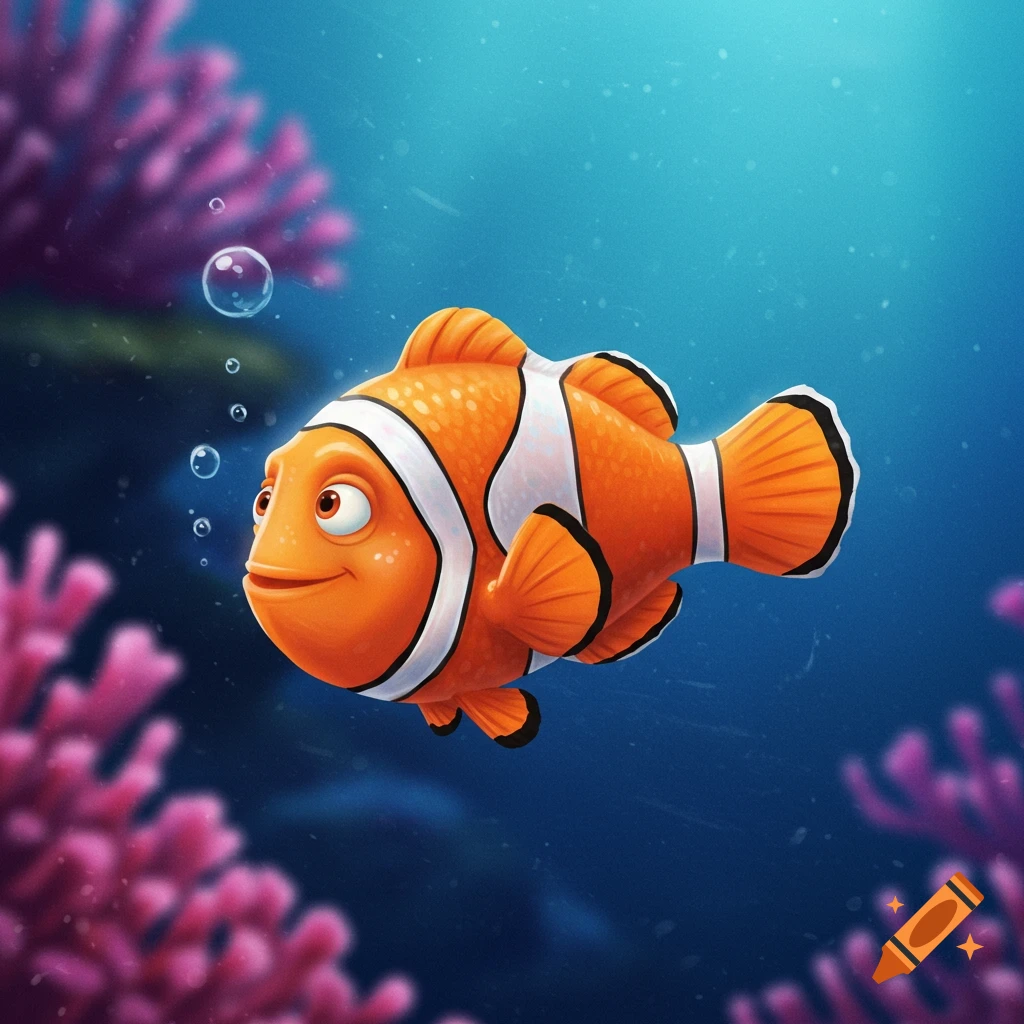Cartoon clownfish swimming underwater near pink coral.