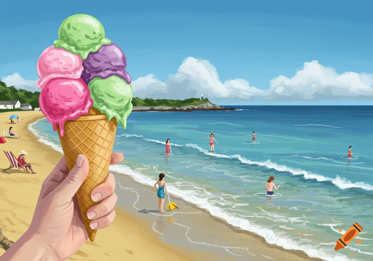 A hand holding a large ice cream cone on a sunny beach with people swimming in the ocean. Illustration style.