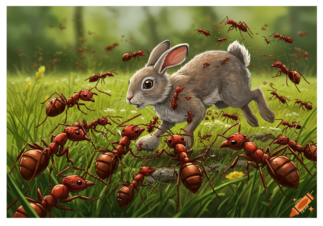 An illustration of a frightened rabbit being swarmed by many large red ants in a grassy field.