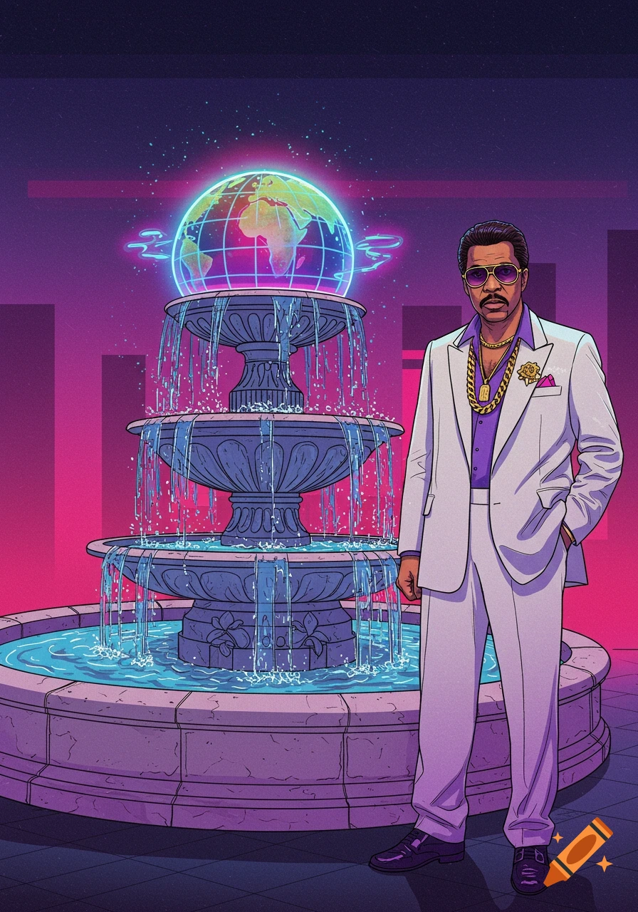 An 80s gangster in a white suit, gold chains, and sunglasses stands next to a fountain topped with a glowing neon globe.