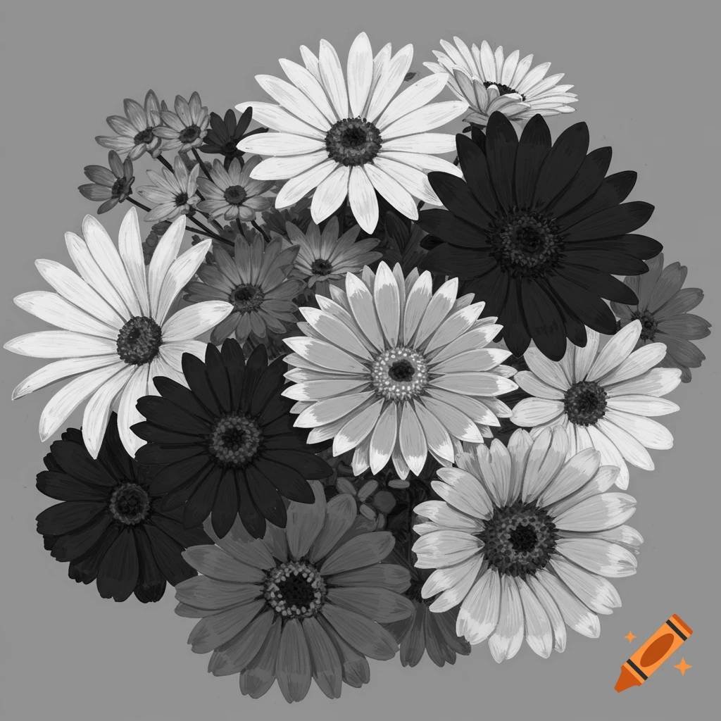Black and white bouquet of flowers