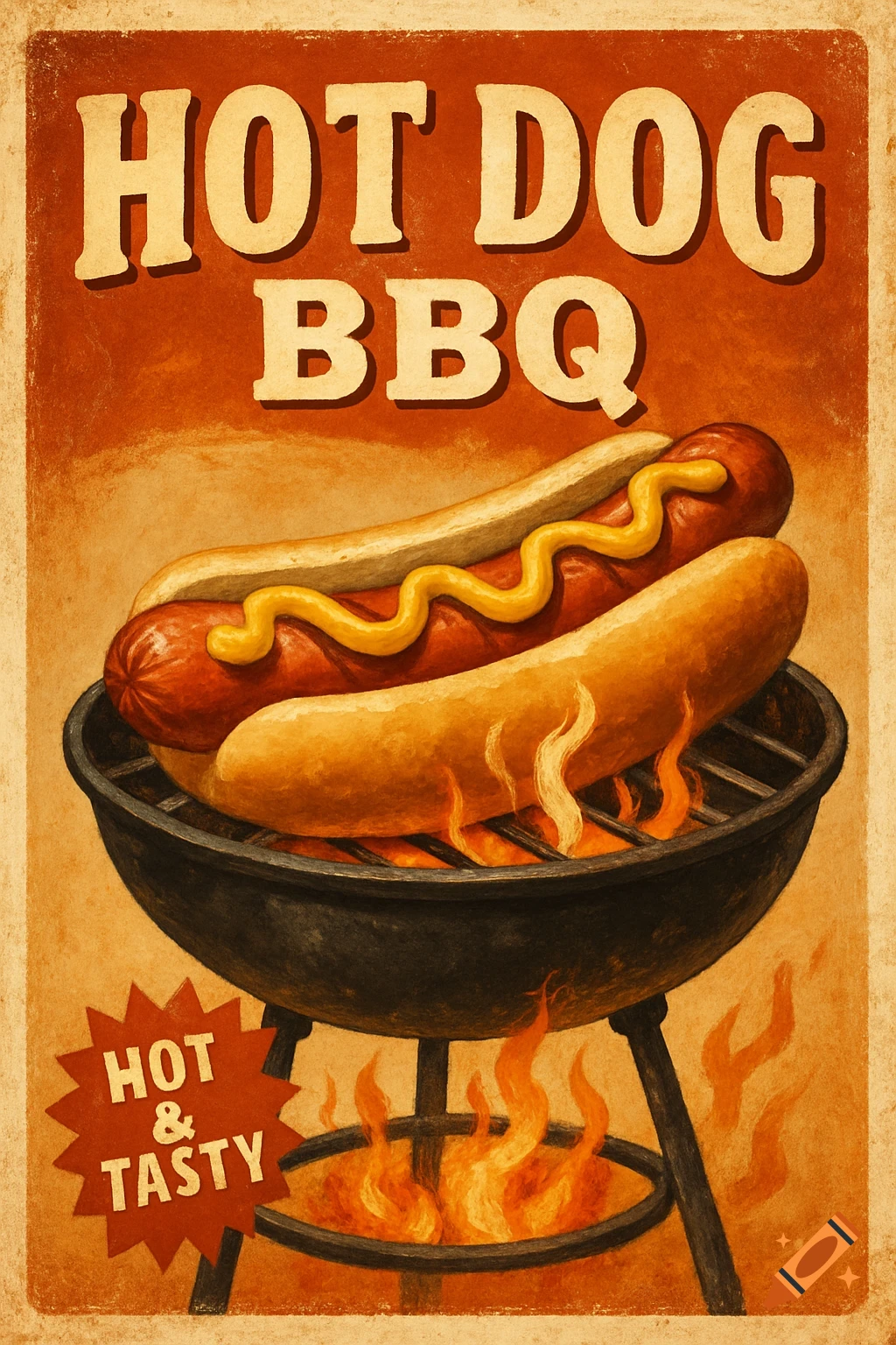 Vintage style poster of a hot dog on a BBQ grill with text.