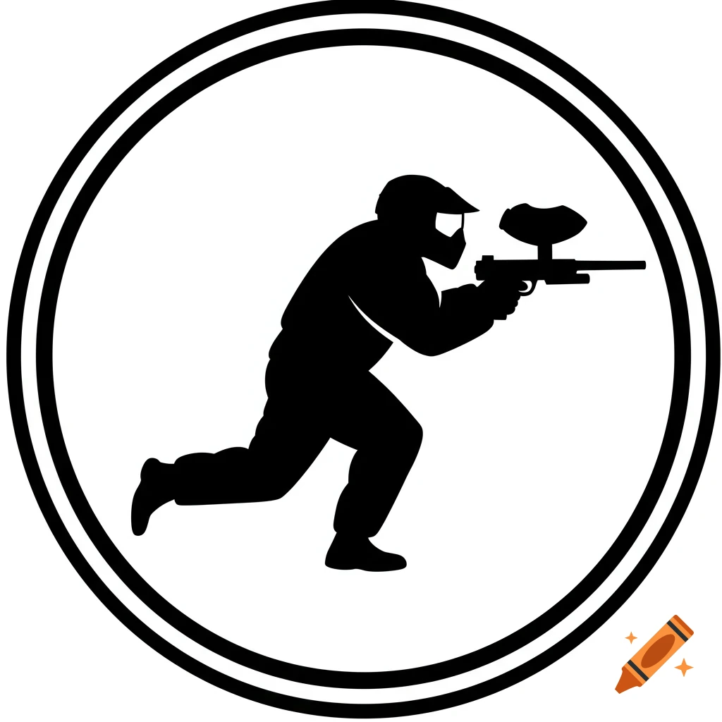 A black silhouette of a paintballer running with a gun inside a double circle.