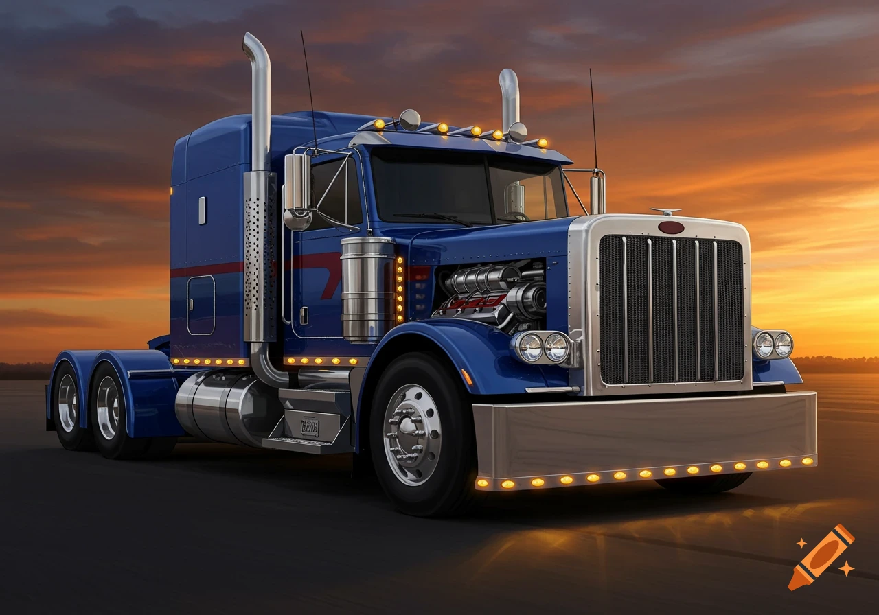 Blue Peterbilt semi truck with a supercharger and steel bumper at sunset