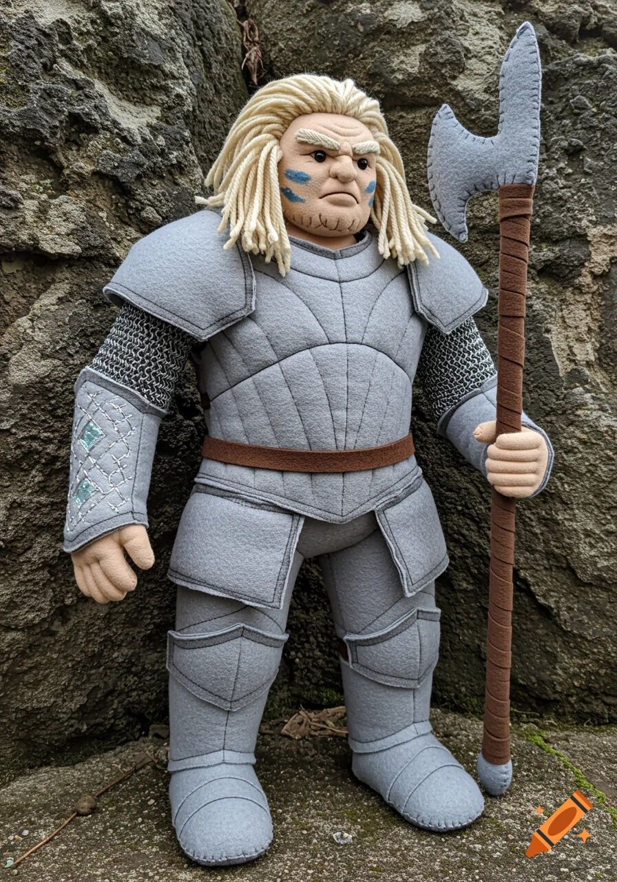 Cloth doll of a Goliath warrior in fantasy armor holding an axe.