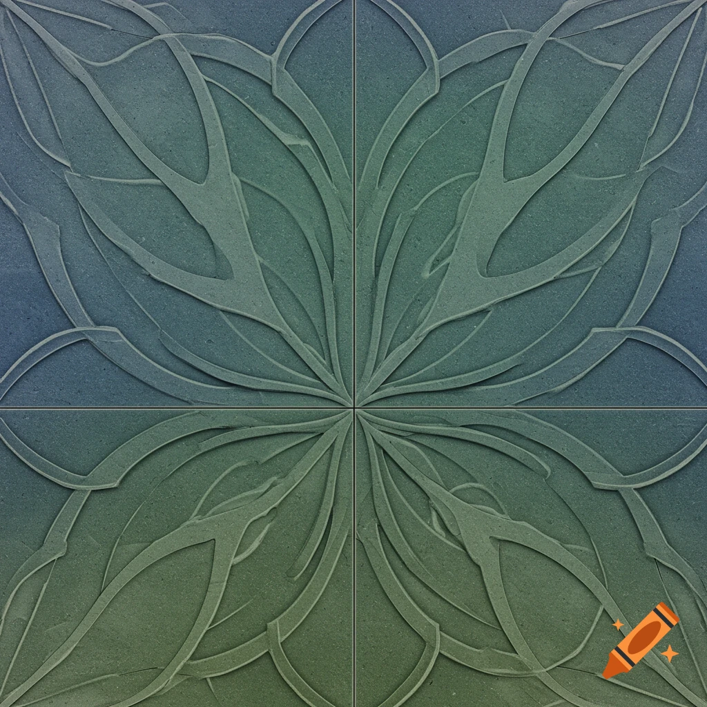 A symmetrical abstract pattern of curved lines on a textured surface with a blue to green gradient.