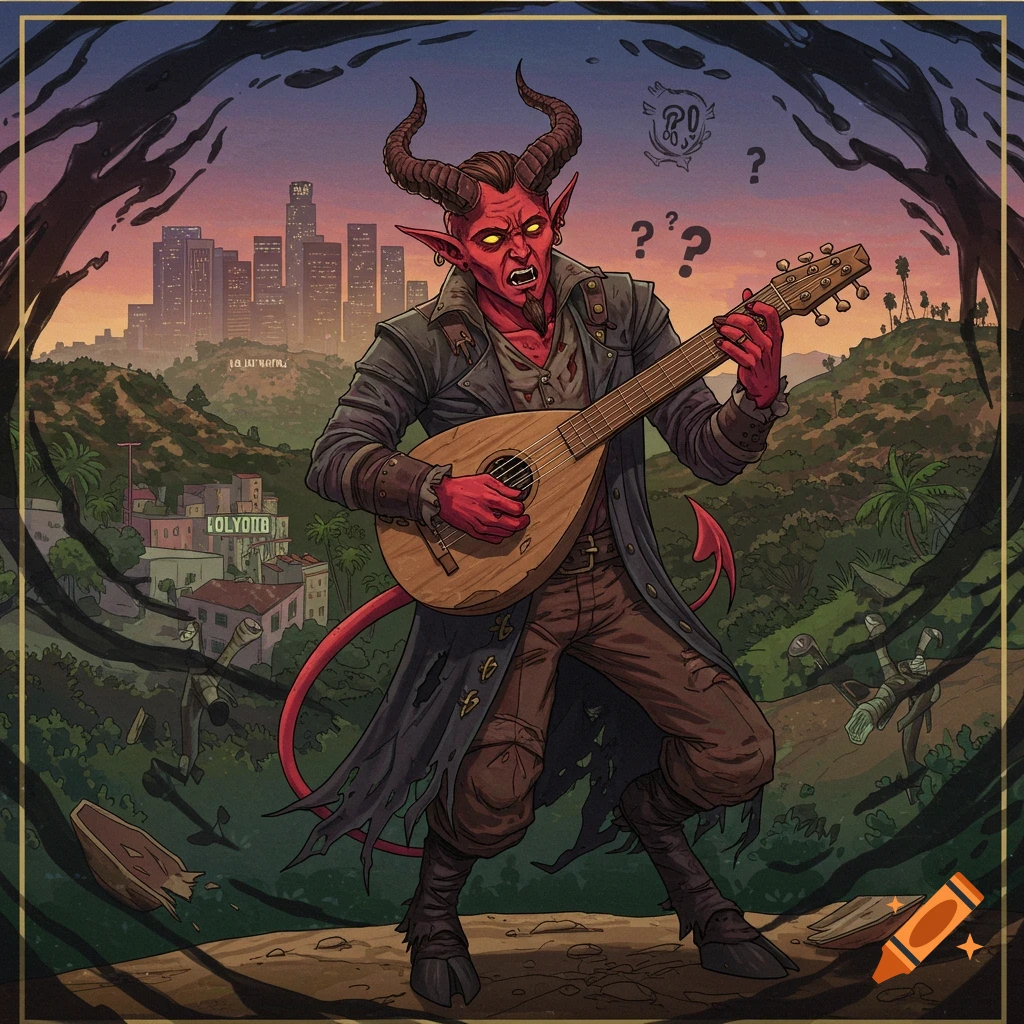 Illustration of a demon with horns playing a lute on a hill overlooking a city skyline at sunset.
