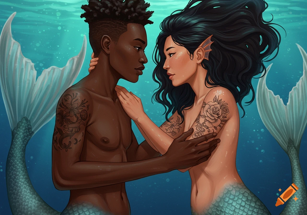 Illustration of a black mermaid and an Asian mermaid with tattoos embracing underwater.
