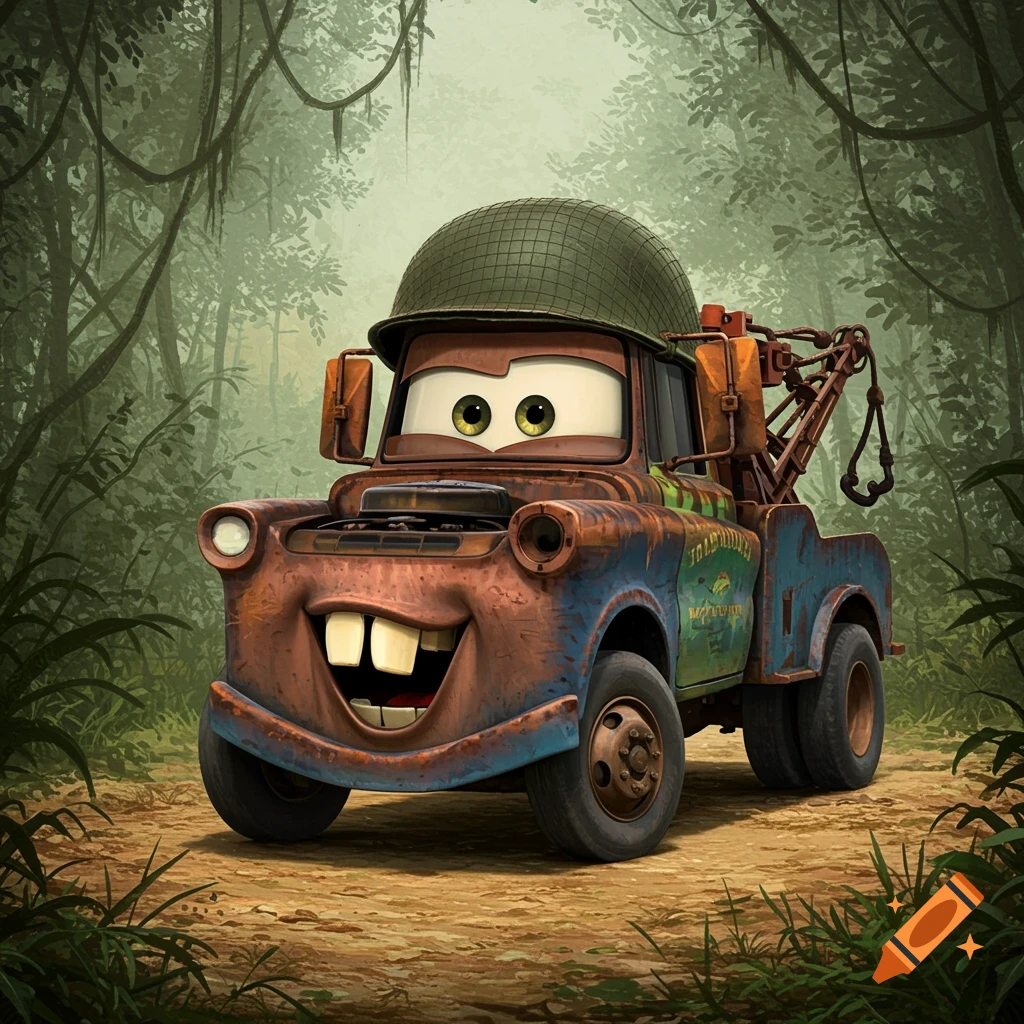 Tow Mater from Cars wearing a WWII helmet in a jungle.