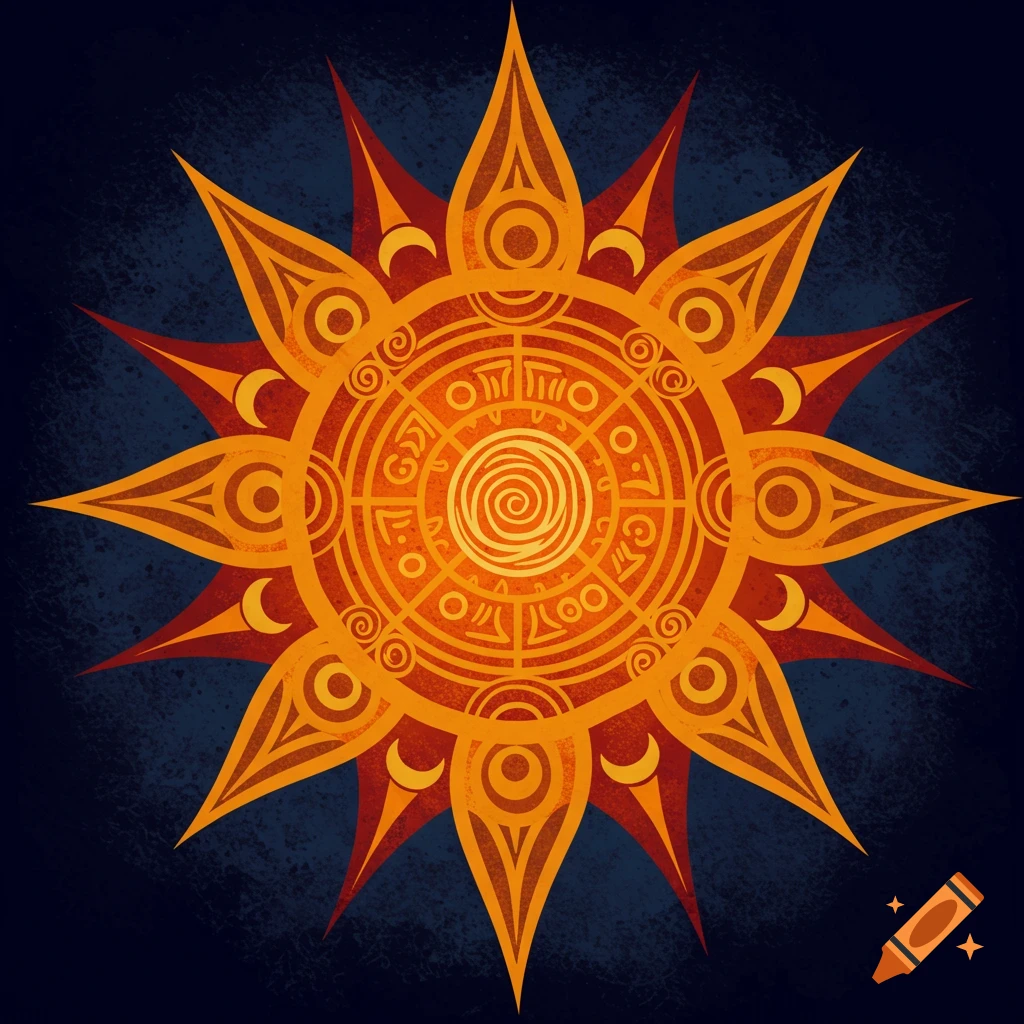 A stylized tribal sun symbol in orange and red on a dark background