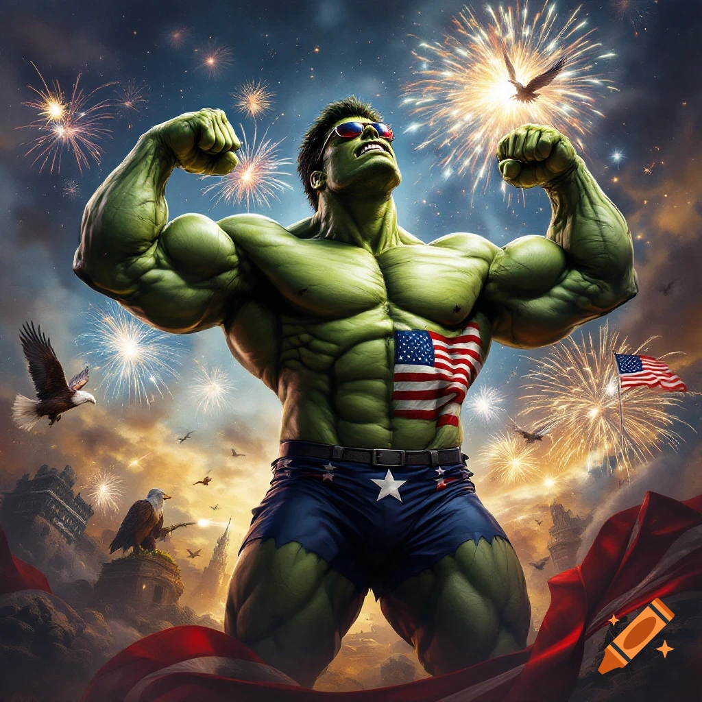 The Incredible Hulk flexing his muscles in a patriotic 4th of July scene with fireworks and eagles.