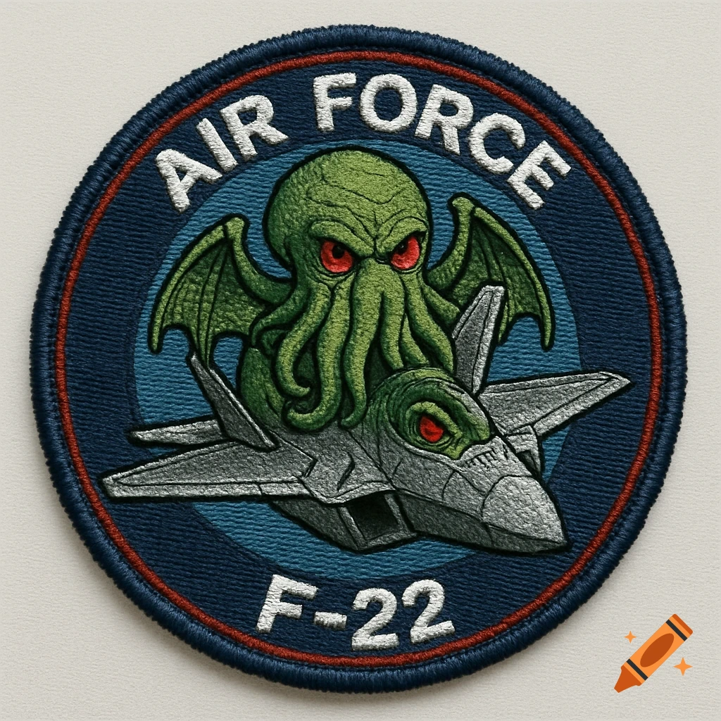 Embroidered Air Force patch with green Cthulhu riding on a grey F-22 jet and text 'AIR FORCE F-22'.