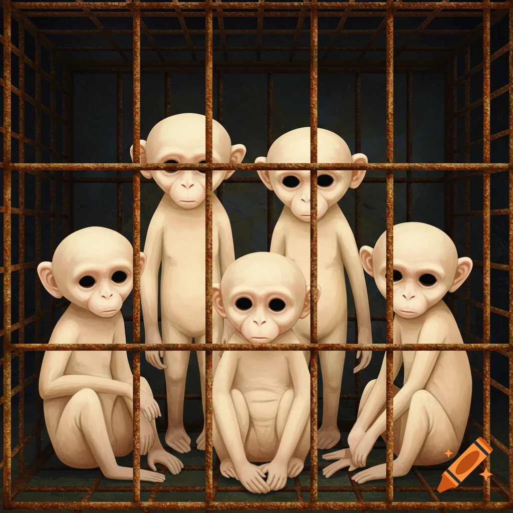 Five blank-faced monkey-like creatures in a rusty cage.