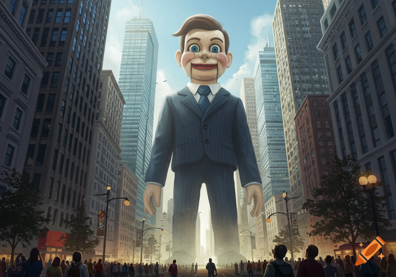 A massive ventriloquist dummy in a suit stands in a city street, towering over small people and skyscrapers.