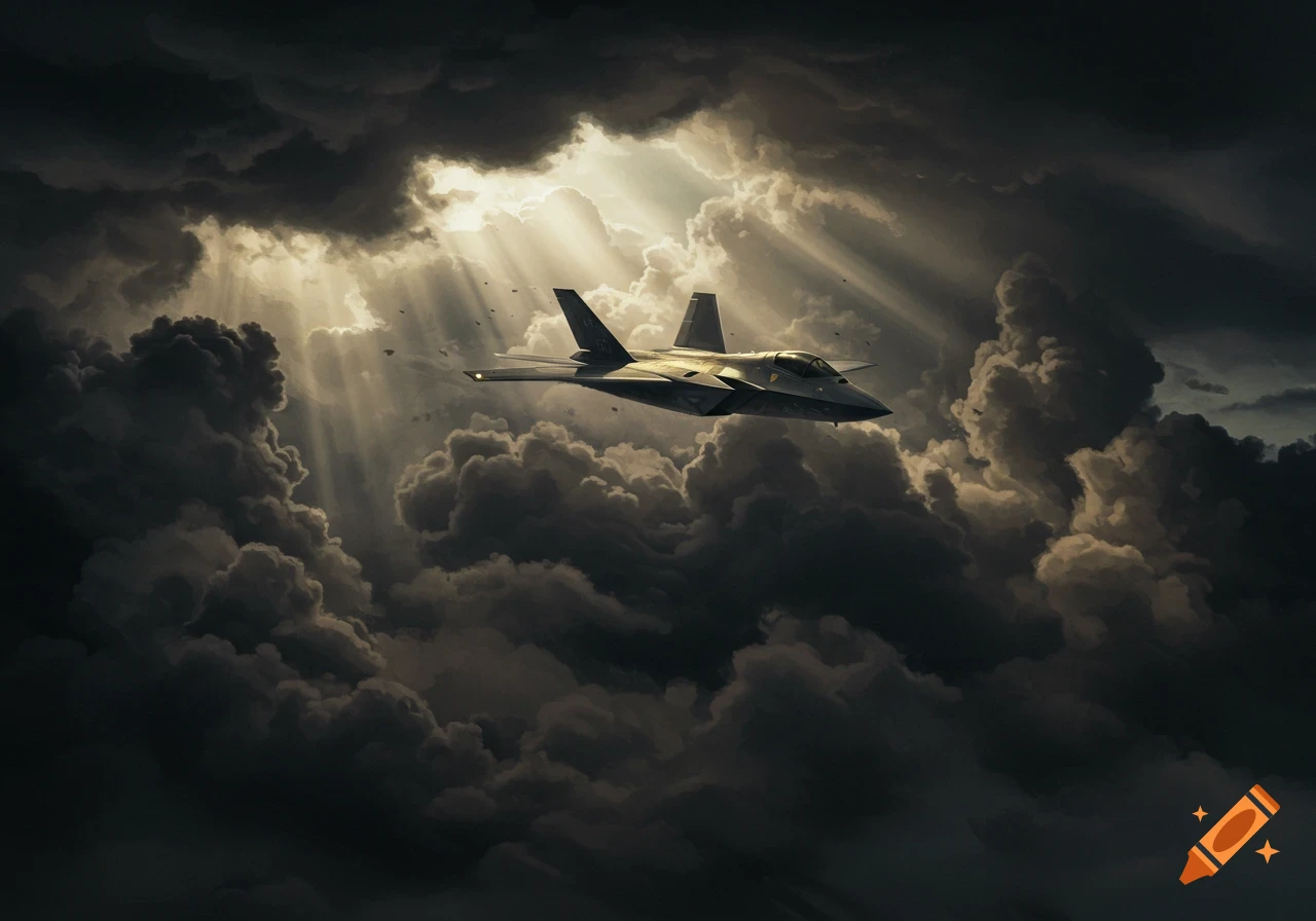 A military jet flies through dark clouds with sunlight breaking through.