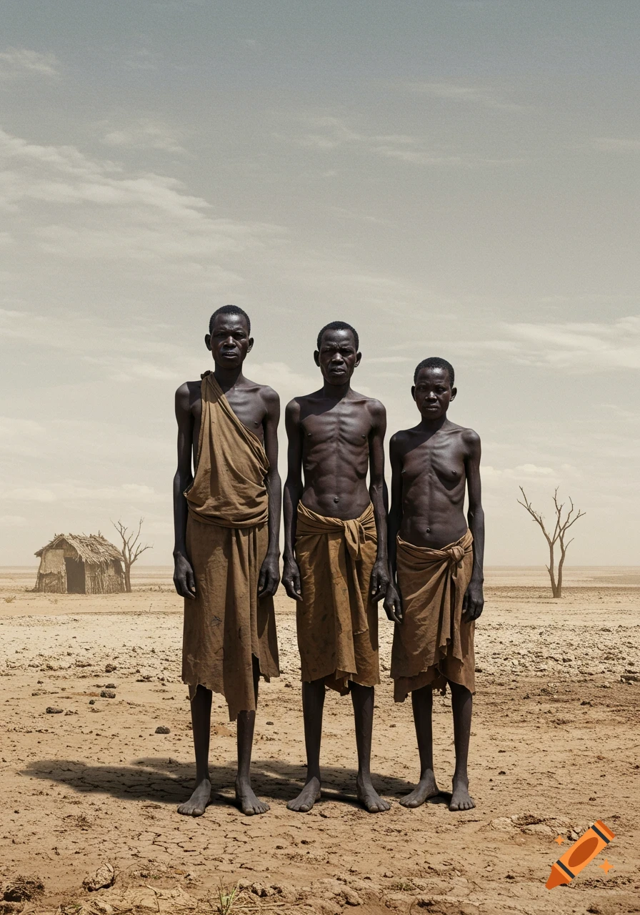 Three emaciated African individuals stand in a dry, cracked desert landscape with a small hut and bare trees.