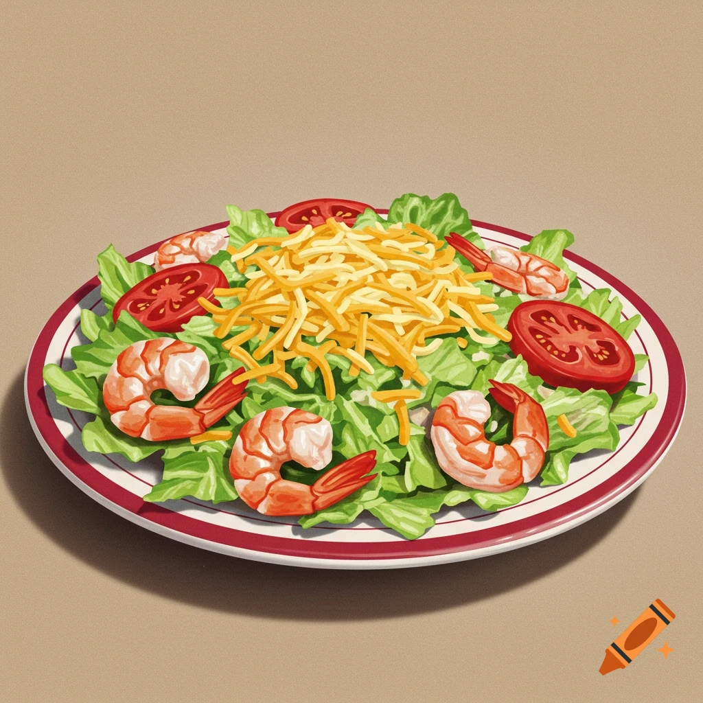 A stylized painting of a seafood salad with shrimp, lettuce, tomatoes, and shredded cheese on a plate.