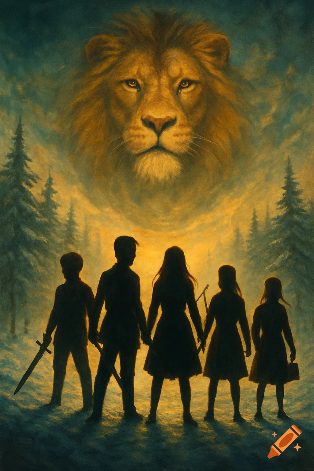 Silhouettes of children in a snowy forest looking up at a giant lion face in the sky, in a fantasy illustration style.