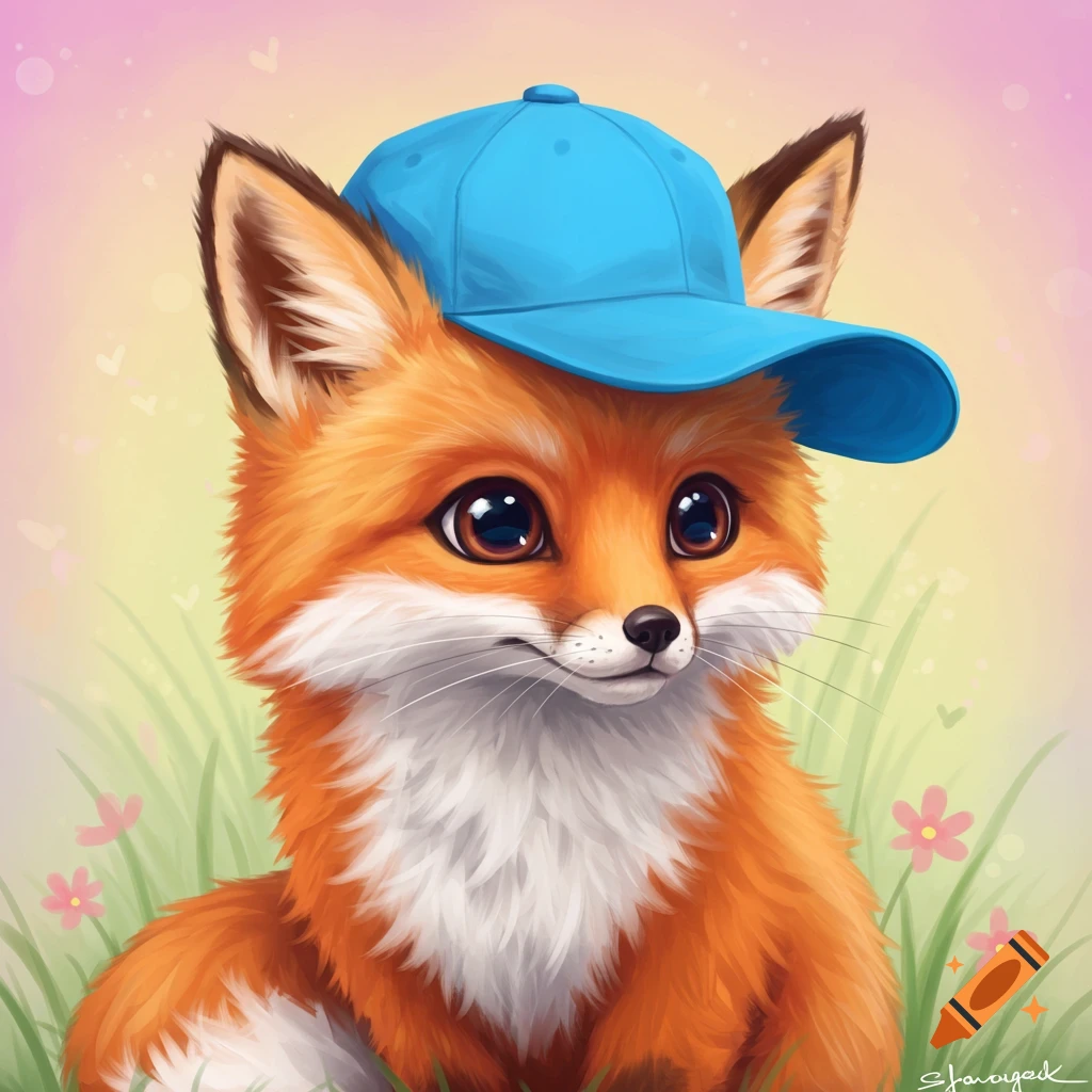 Cute cartoon fox wearing a blue baseball cap, sitting in grass with flowers.