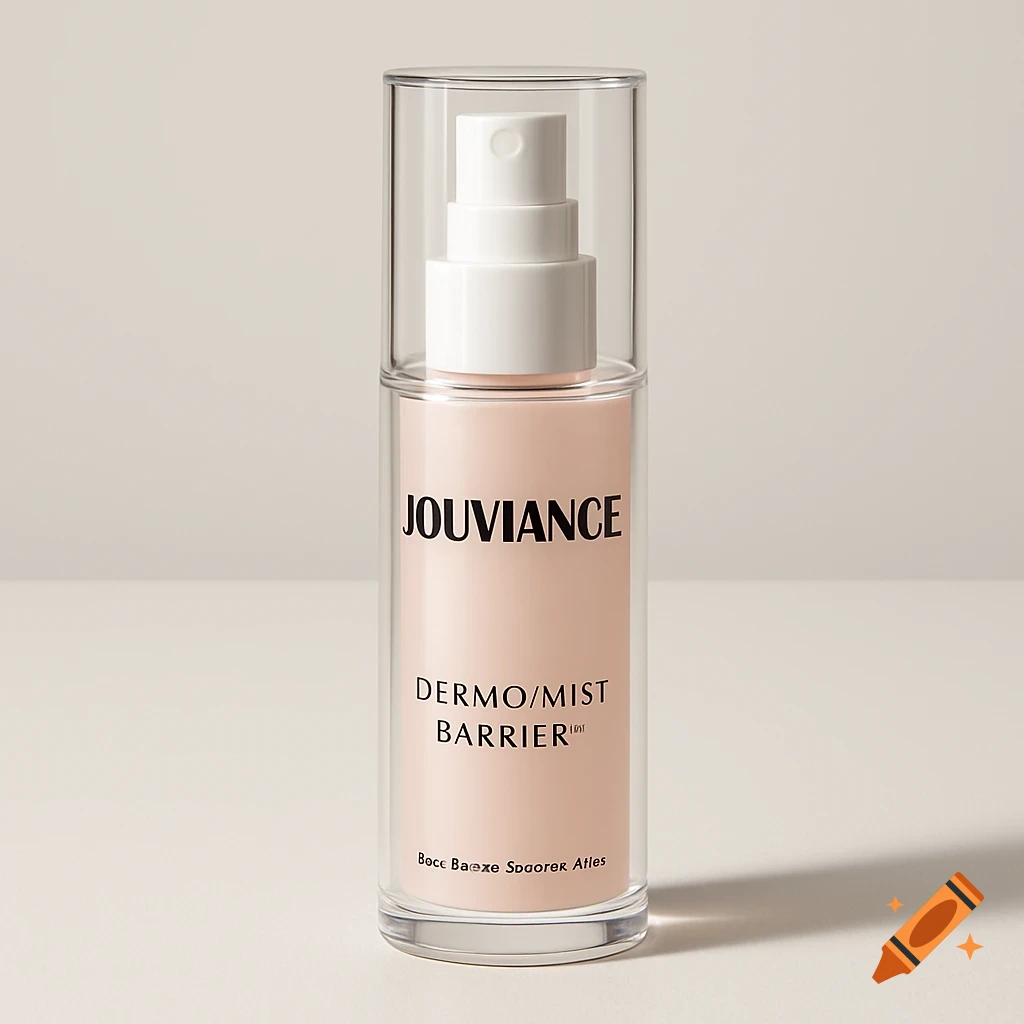 Close-up of a pink Jouviance cosmetic spray bottle with transparent cap