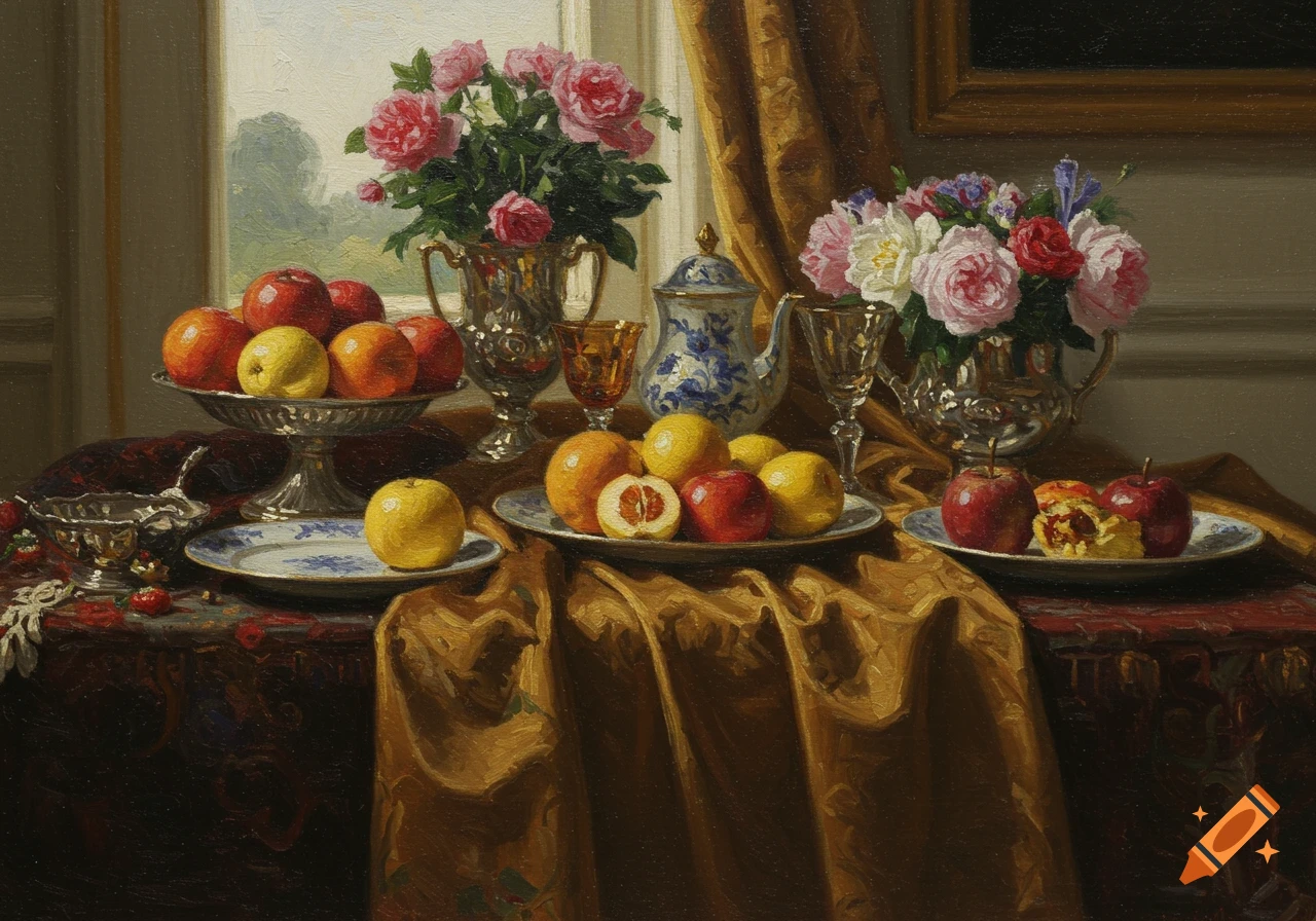A still life painting shows bowls of fruit, roses, silver goblets, and a teapot on a gold draped table.