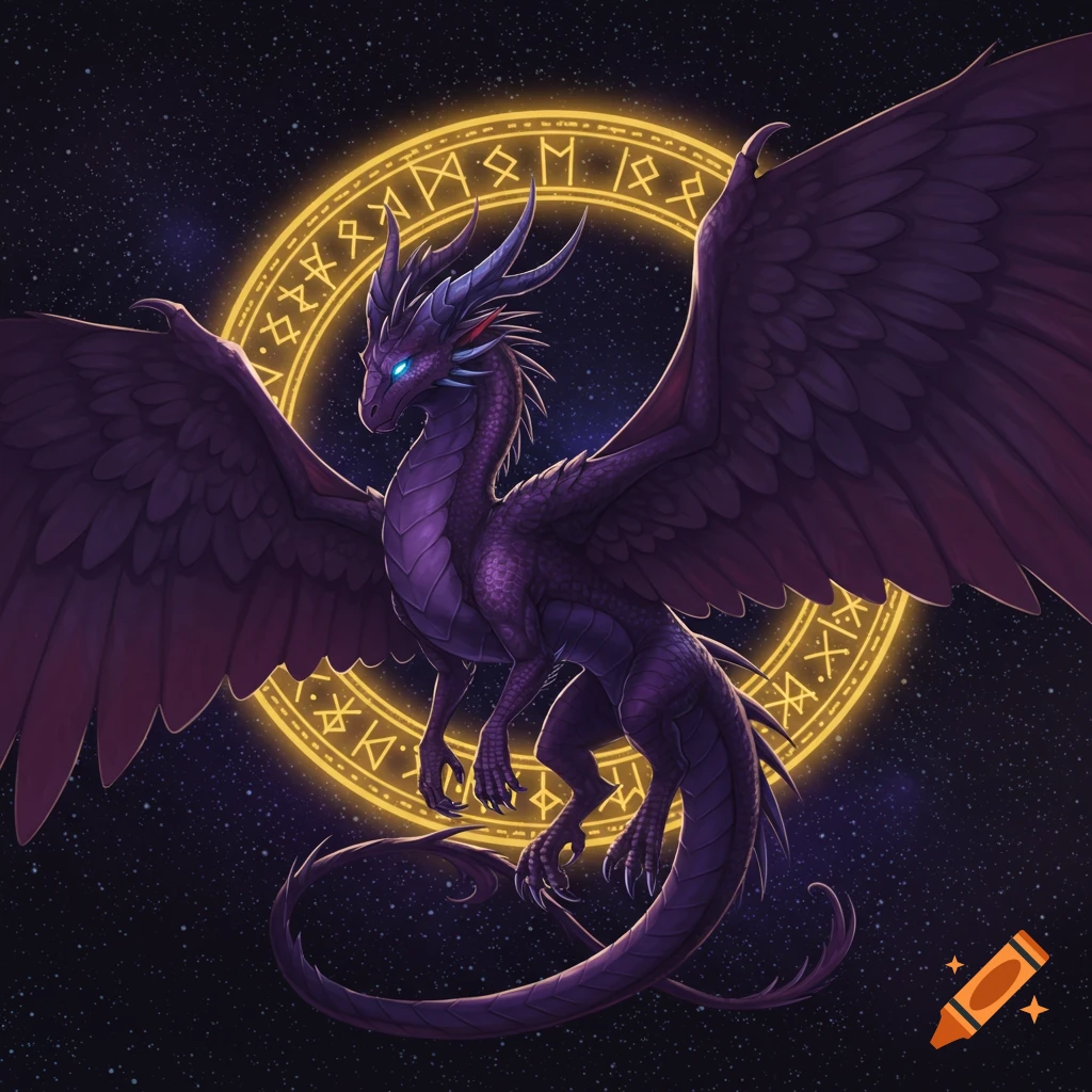 A purple dragon with blue eyes and outstretched wings hovers before a glowing golden rune circle in a starry sky.