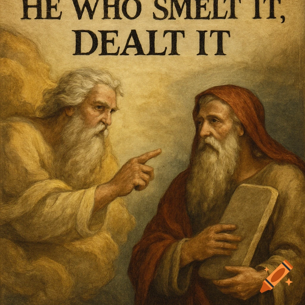 Two robed, bearded men resembling religious figures in a painting style, one pointing, with text 'HE WHO SMELT IT, DEALT IT'.